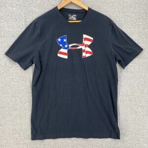 Under Armour TShirt Mens Medium Black Short Sleeve American Flag Heatgear Loose
